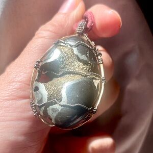 RARE Ammonite cabochon with Pyrite, Russian Ammonite cabochon wire pendant